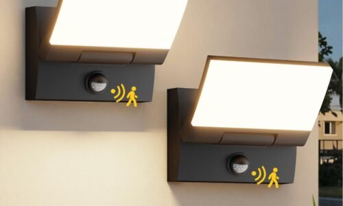 2-Pack LED Outdoor Sensor Wall Lights – Matte black aluminum, rotating head, IP65 waterproof, 3000K warm white light, suitable for houses/garages/terraces